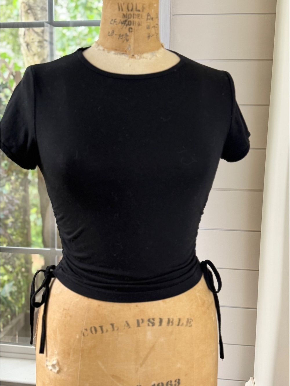 Polly Black Ruched Tie Sides Crop Baby Tee Women 4 Coquette Casual Streetwear